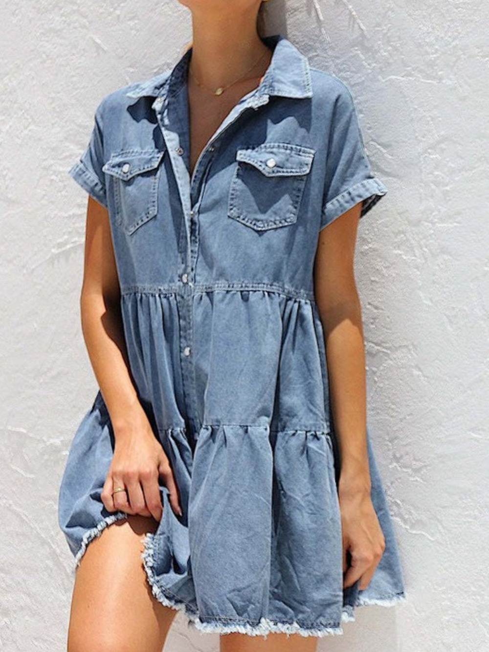 Women's Light Blue Denim Tiered Dress